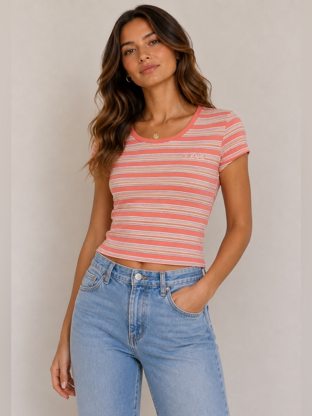 Calvin Klein Jeans coral pink cream striped tee 100% cotton Y2K Large short